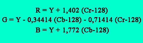 Соотношения компонентов YCbCr в формате JPEG для перевода фотографии обратно в пространство RGB