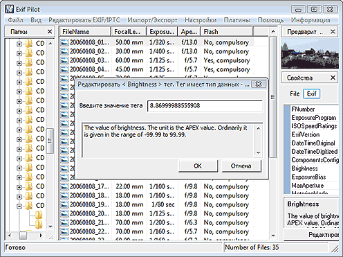 Главное окно программы Exif Pilot с окном для редактирования параметра метаданных на английском языке