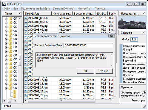 Главное окно программы Exif Pilot Pro с окном для редактирования параметра метаданных на русском языке